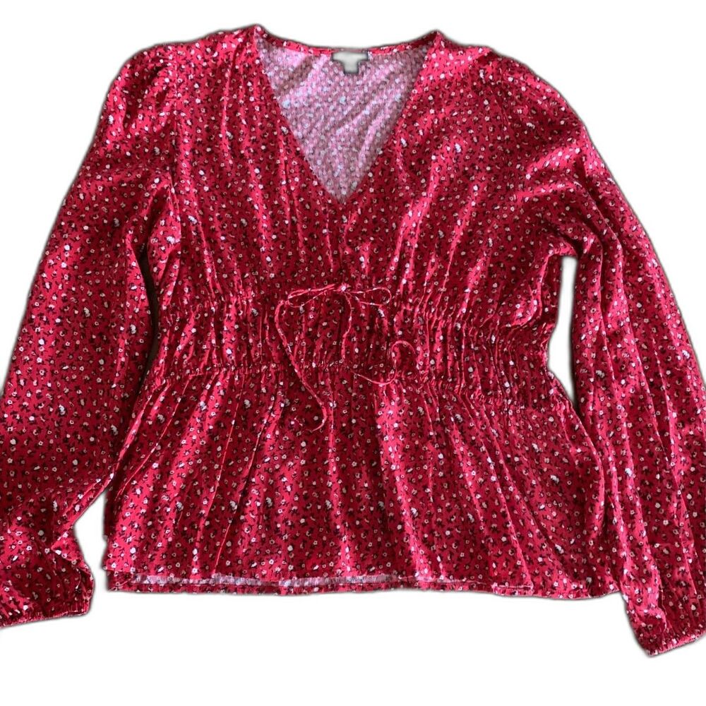 Ann Taylor Red Floral Blouse Womens Medium Smocked Waist Boho Cottagecore Top